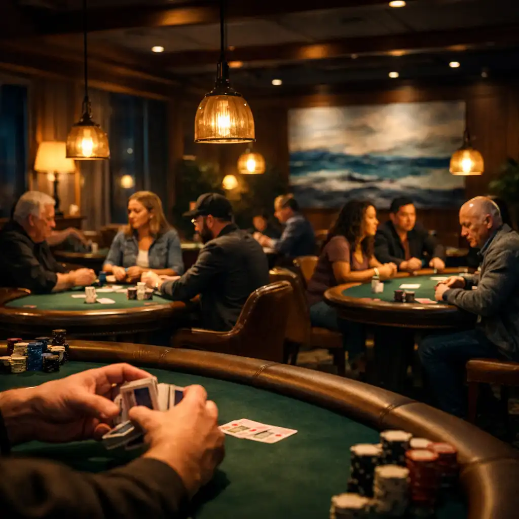 Card Lounge at night with multiple physical poker tables and players engaged in Texas Hold'em