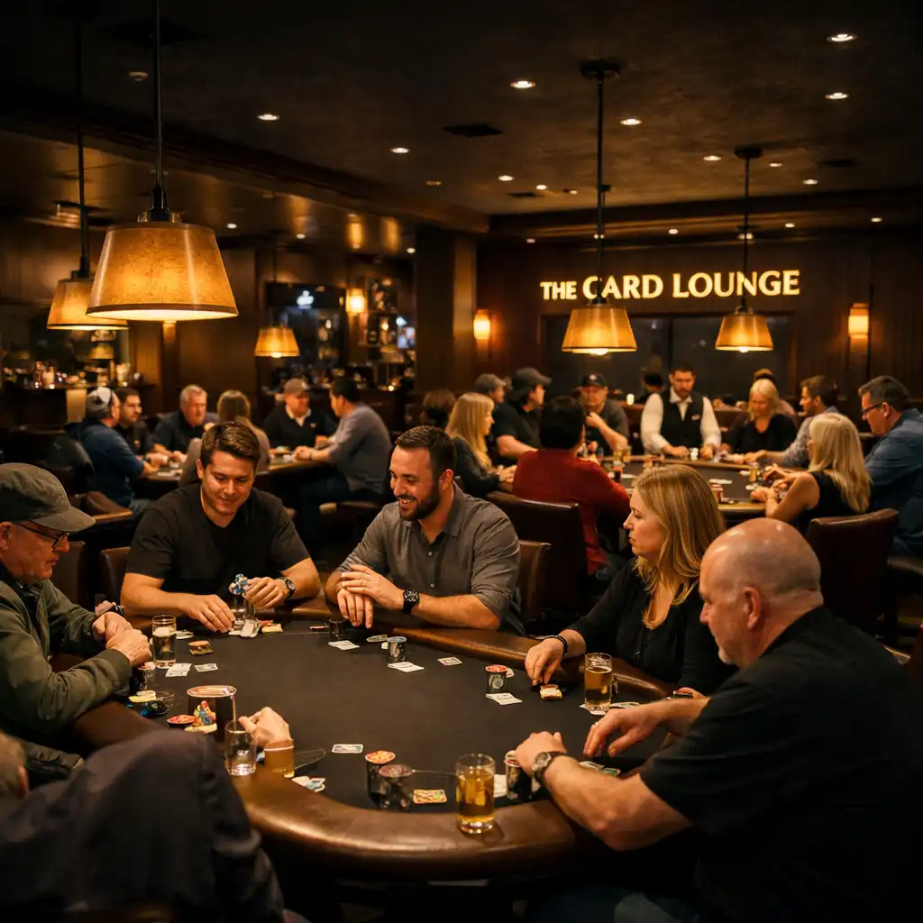 The Card Lounge in the evening with multiple poker tables, players, and warm pendant lights creating a cosy sophisticated atmosphere