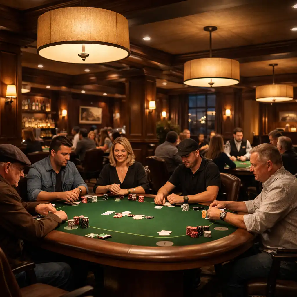 The Card Lounge at Lucky Pavilion with several physical poker tables and players seated for a Texas Hold’em session