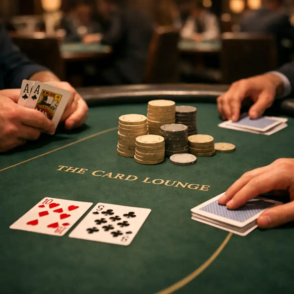 Close-up of a physical poker table in the Card Lounge with players’ hands, cards, and neutral chips