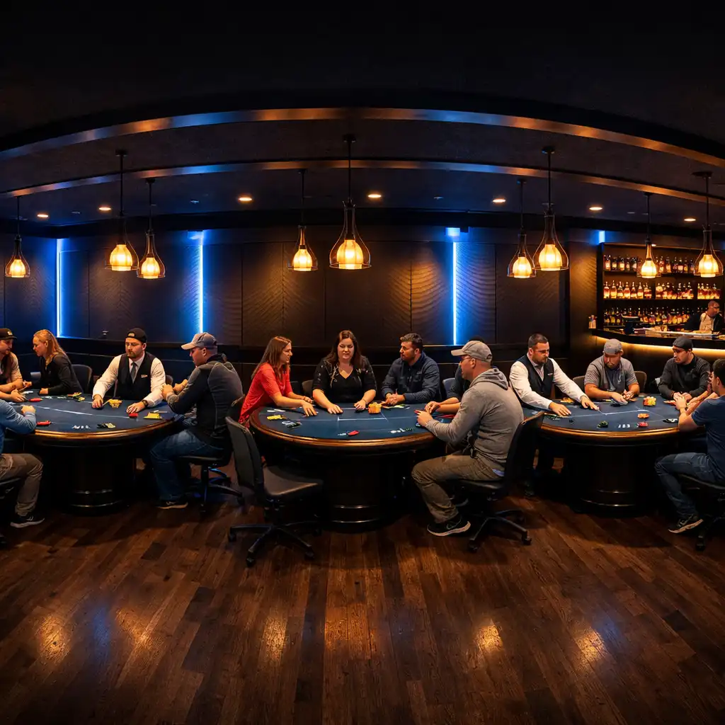 Panoramic view of the Card Lounge at night with five poker tables, players, and a backlit bar