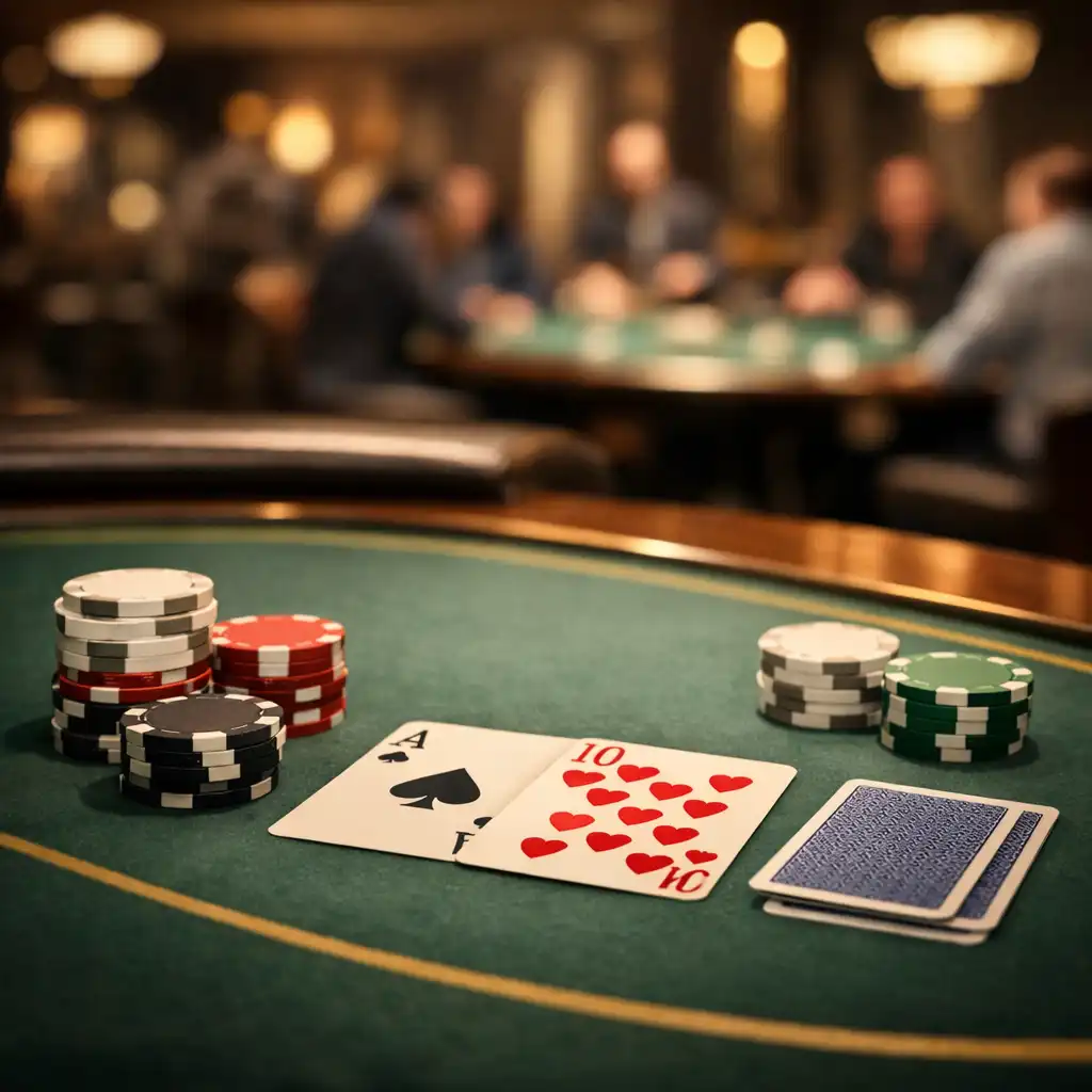 Close view of a physical poker table in the Card Lounge with neutral chips and playing cards, other tables softly blurred behind