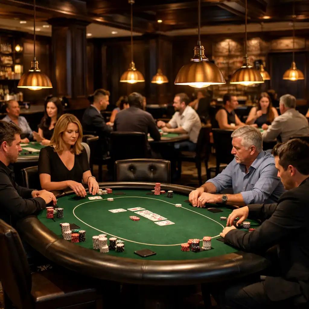 Wide view of the Card Lounge at Lucky Pavilion with several complete poker tables and players engaged in face-to-face poker under warm pendant lighting