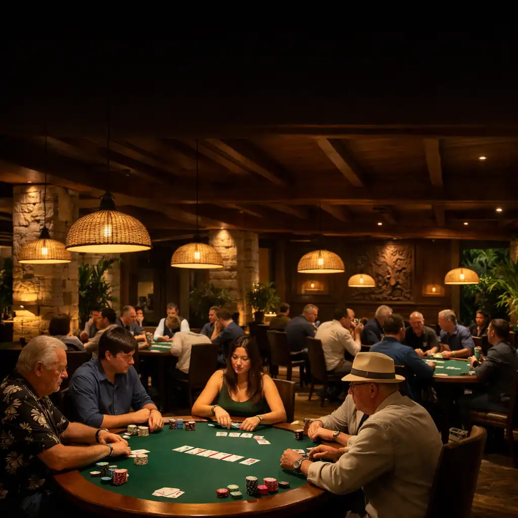 Warmly lit Card Lounge at Lucky Pavilion with several physical poker tables and players engaged in face-to-face poker