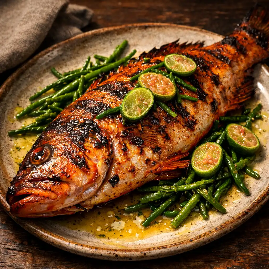 Whole charred coral trout garnished with finger lime slices and samphire, drizzled with butter on a rustic plate.