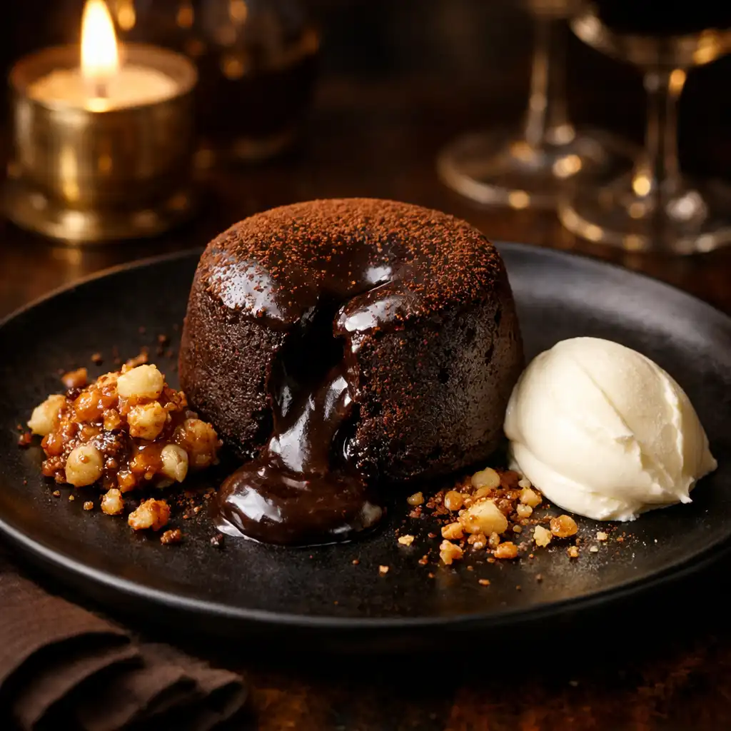 Dark chocolate fondant with a molten centre, served with macadamia praline and double cream on a dark plate.