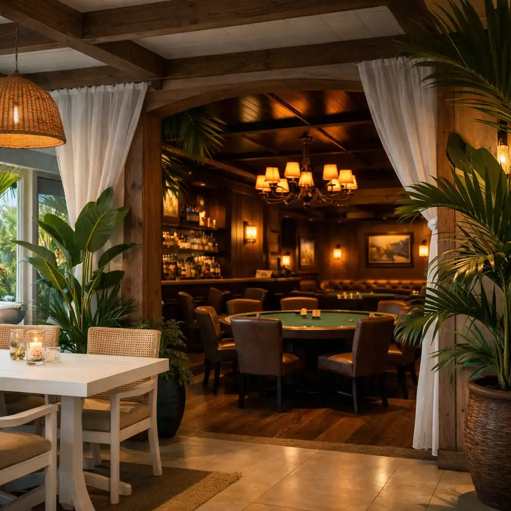 Architectural transition from a bright coastal dining area into a darker, moodier poker lounge at Lucky Pavilion