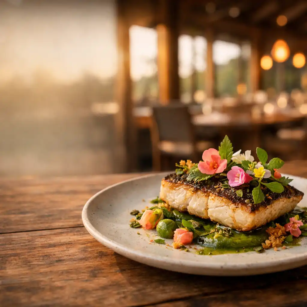 A beautifully plated contemporary Australian dish on a rustic wooden table, with soft evening light streaming through large pavilion windows.