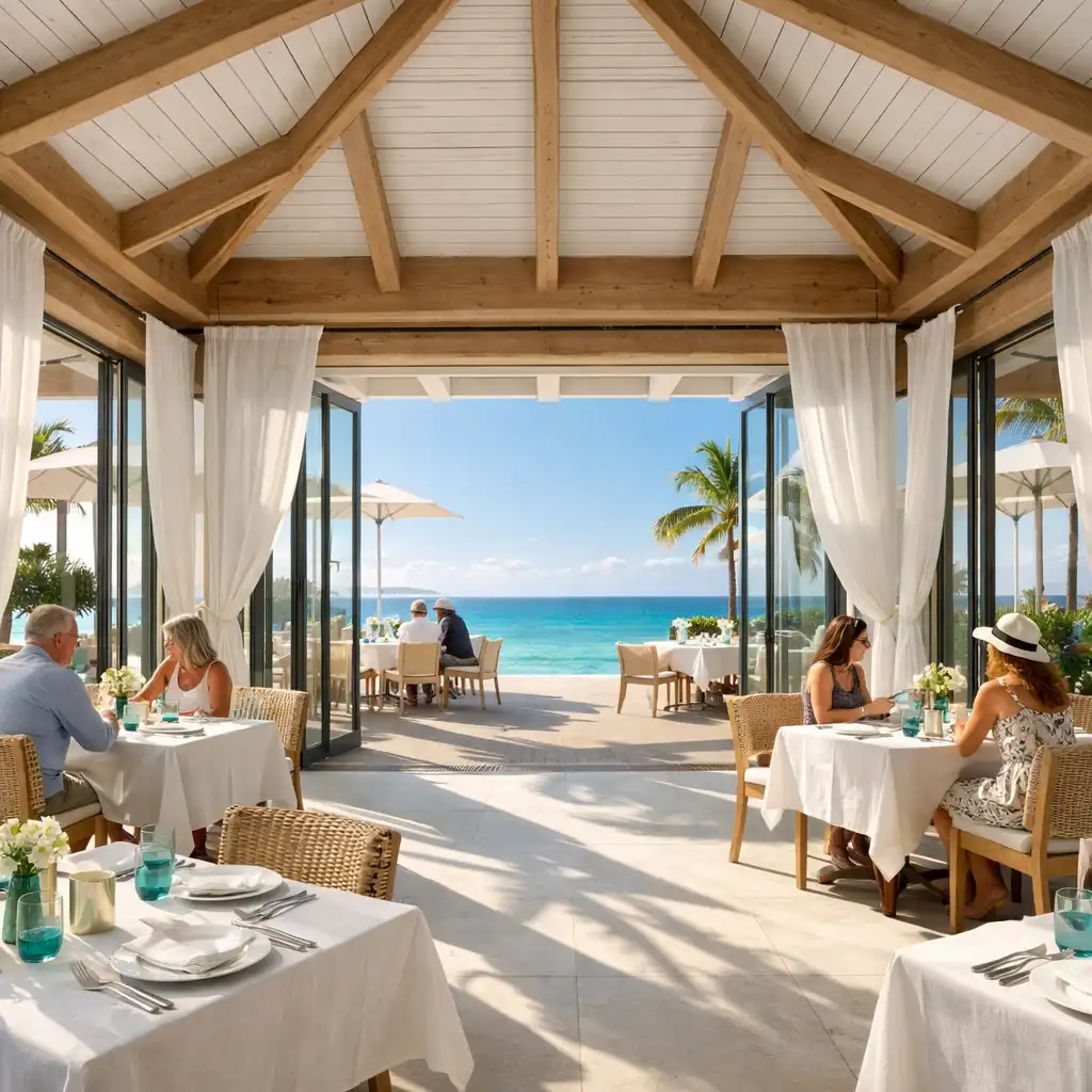 Interior of a modern coastal pavilion restaurant with floor-to-ceiling glass doors open to a terrace, natural timber beams, and linen-draped tables.