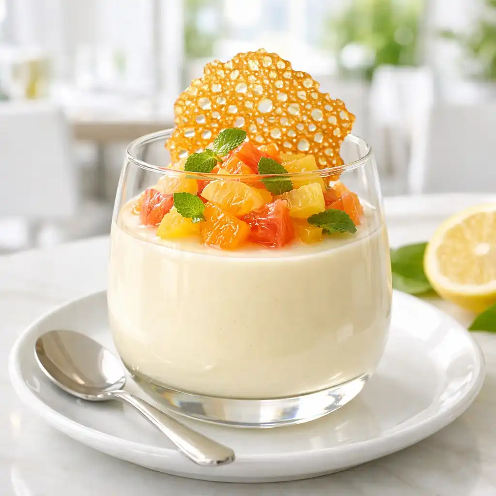 Silky lemon myrtle panna cotta topped with a citrus salad and honey tuile, served in a glass.