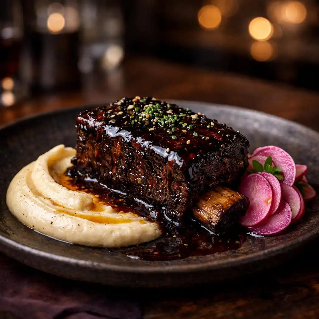Slow-braised beef short rib glazed with dark miso and bush honey, served with smoked potato purée and pickled radish on dark stoneware.