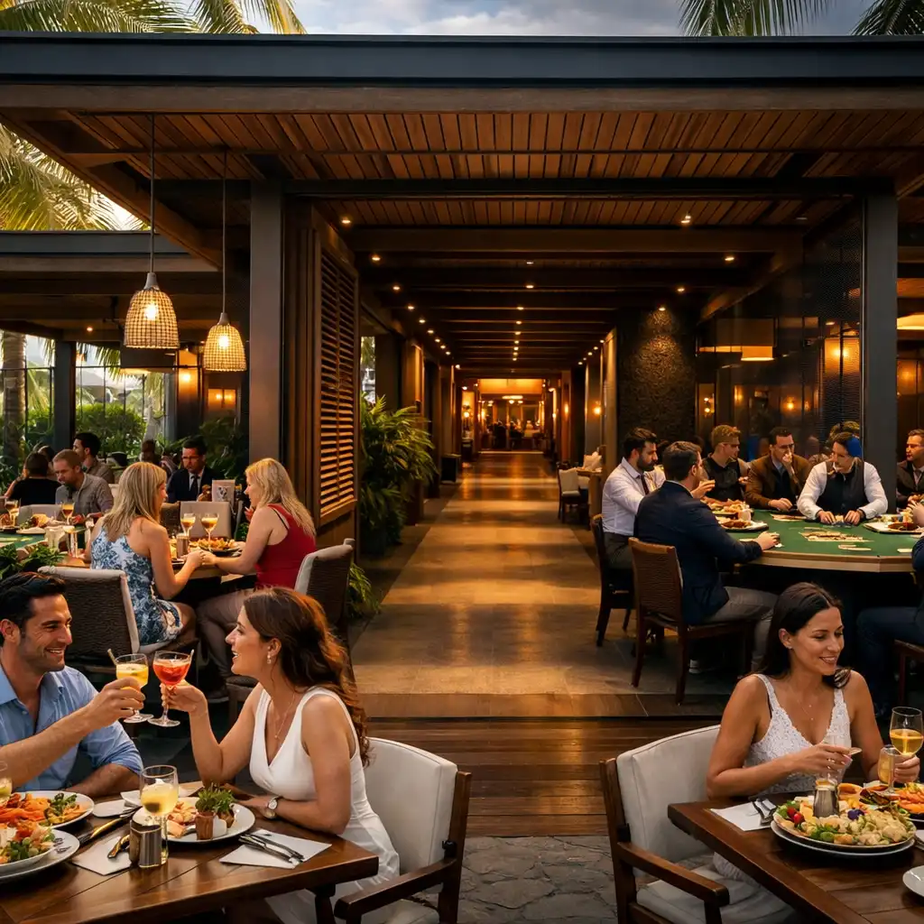 Bright Gold Coast pavilion dining area transitioning into an evening Card Lounge with physical poker tables