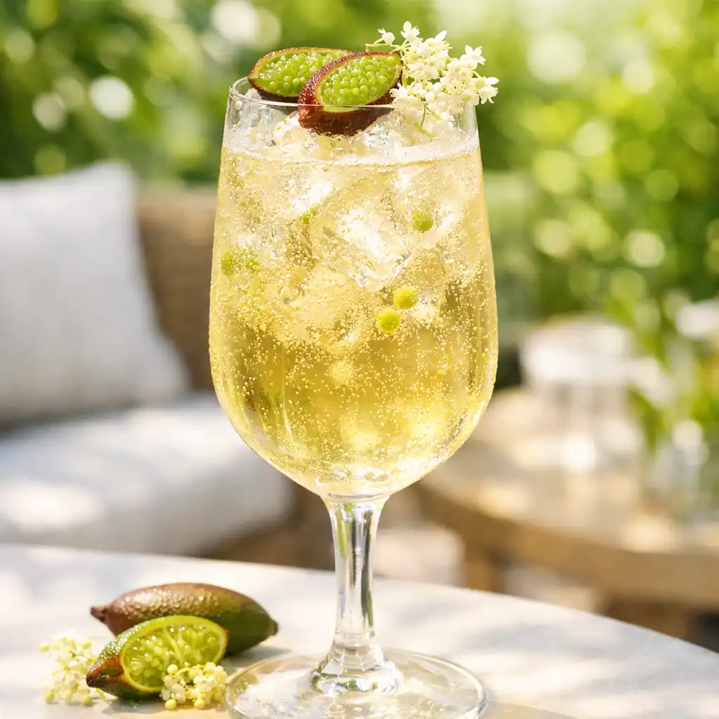 A refreshing Pavilion Spritz cocktail in a tall glass, garnished with finger lime and elderflower, set against a blurred outdoor patio with greenery.