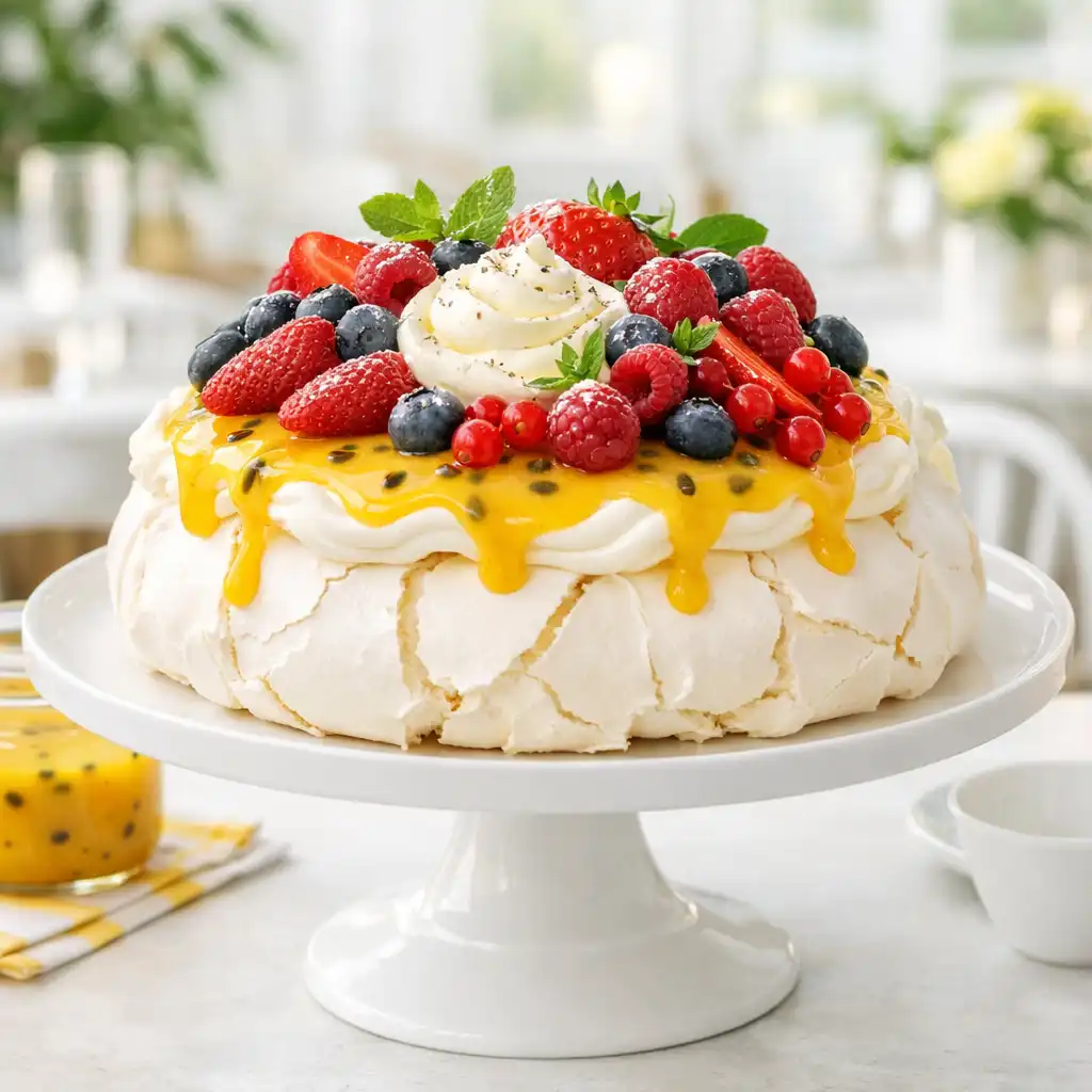 Classic Australian pavlova topped with passionfruit curd, fresh berries, and vanilla bean cream on a white cake stand.