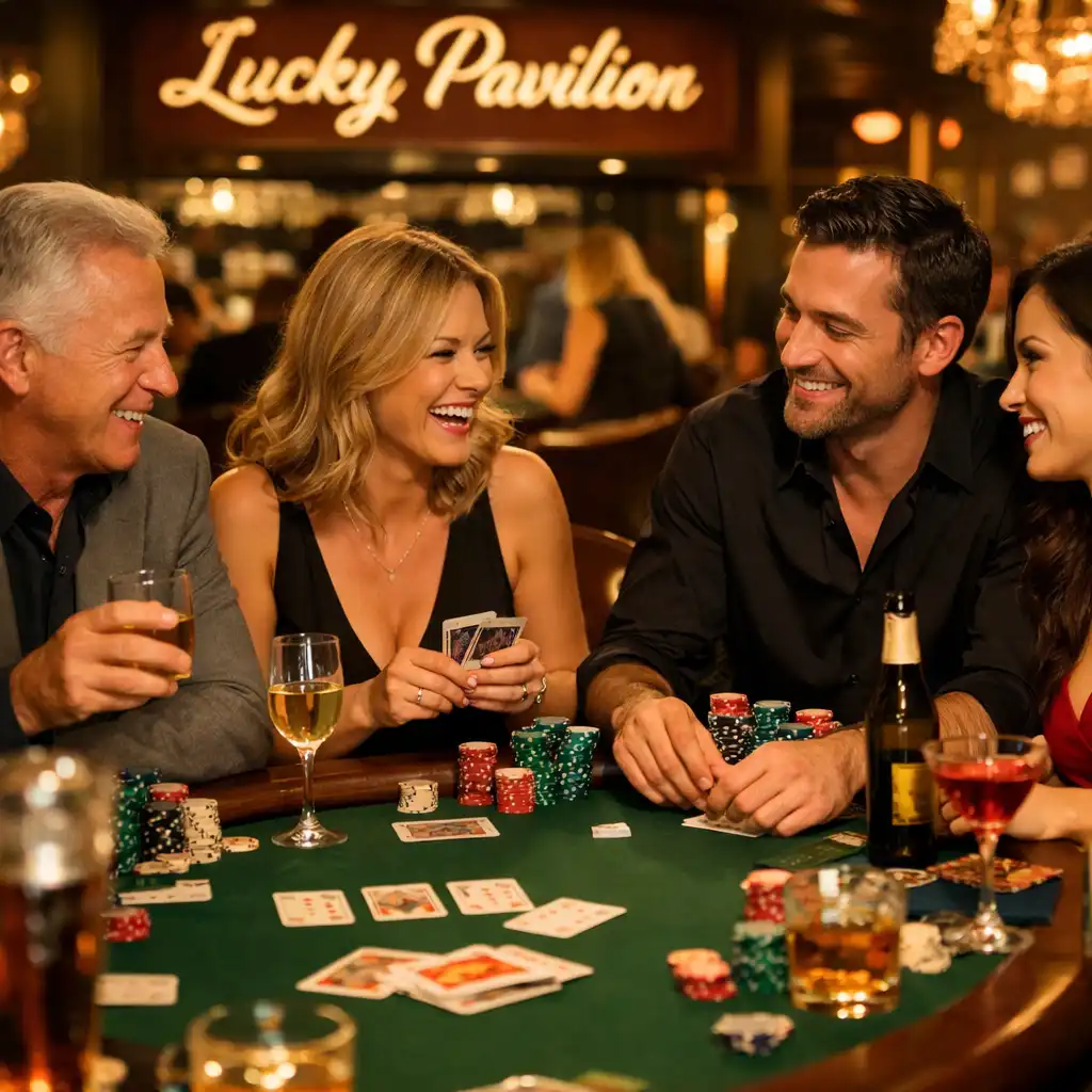 A group of people enjoying an evening at a poker table with drinks and conversation