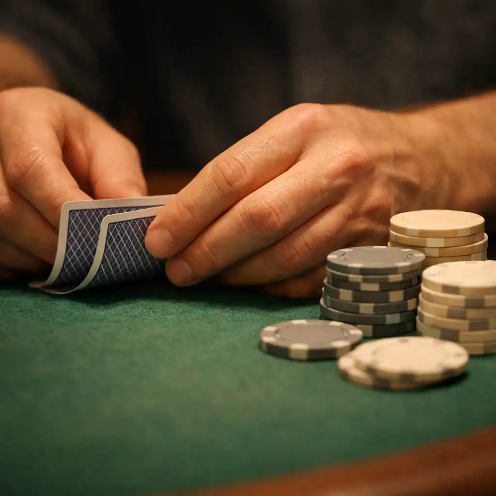 Close-up of hands on a poker table holding playing cards and neutral chips