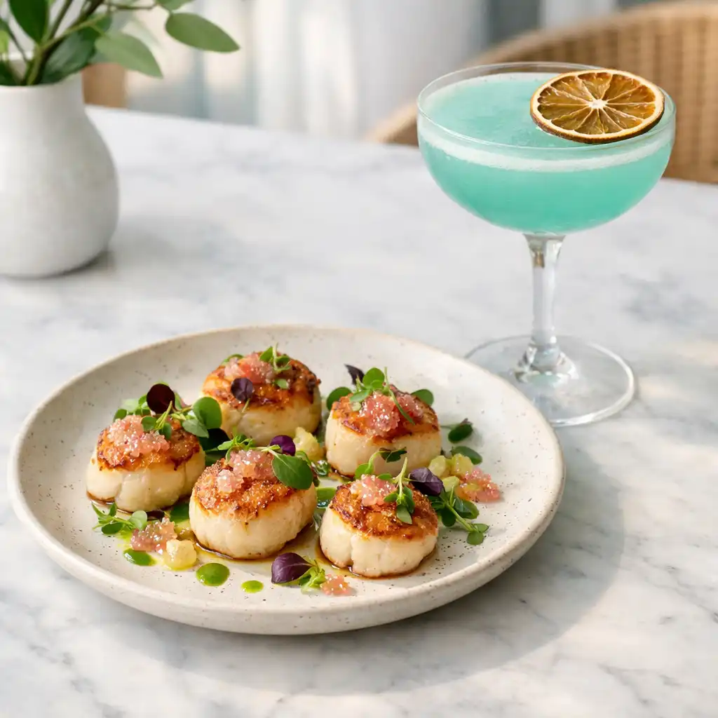 Seared scallops with finger lime and a pale turquoise cocktail on a marble table