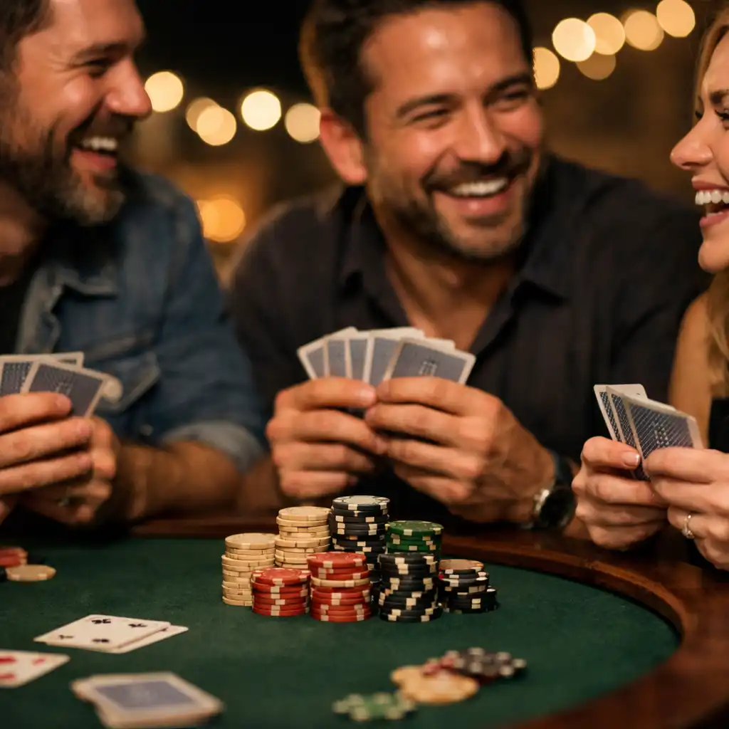 Three players laughing and chatting around a poker table with neutral chips