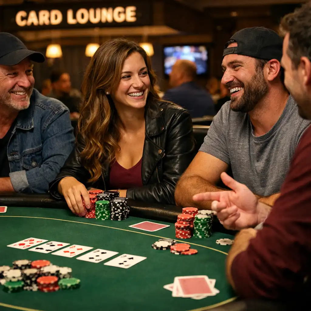 Players interacting and smiling at a poker table in the Card Lounge