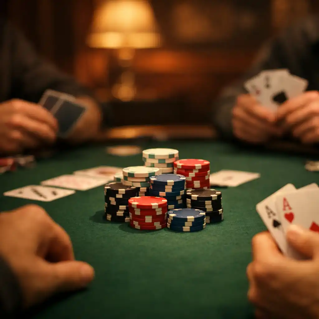 Close-up of a premium poker table with deep green felt, neutral chips, and playing cards at Lucky Pavilion