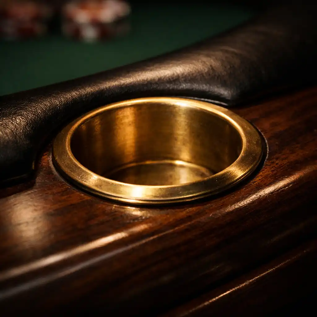 Close-up of a brass cup holder recessed into the dark timber rail of a poker table