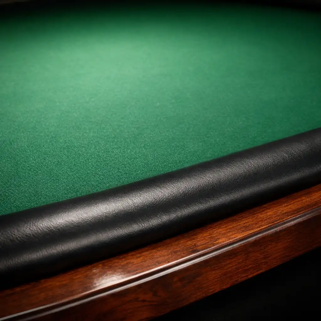Close-up of the green felt surface and dark timber frame of a poker table