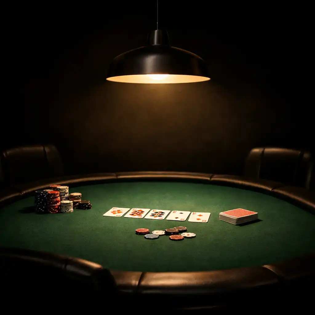 A poker table illuminated by a low-hanging pendant light casting a warm focused glow on the green felt