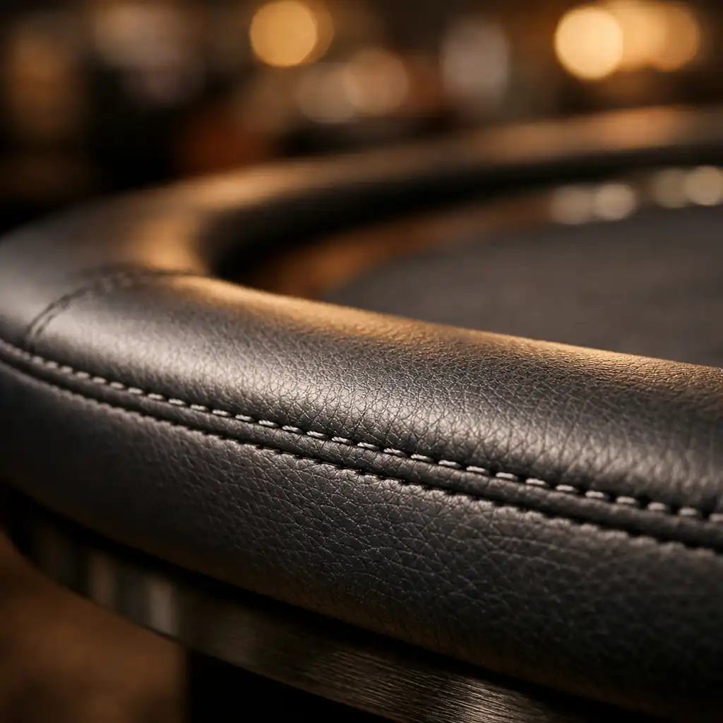 Close-up of the padded rail of a poker table showing upholstered fabric and precise stitching