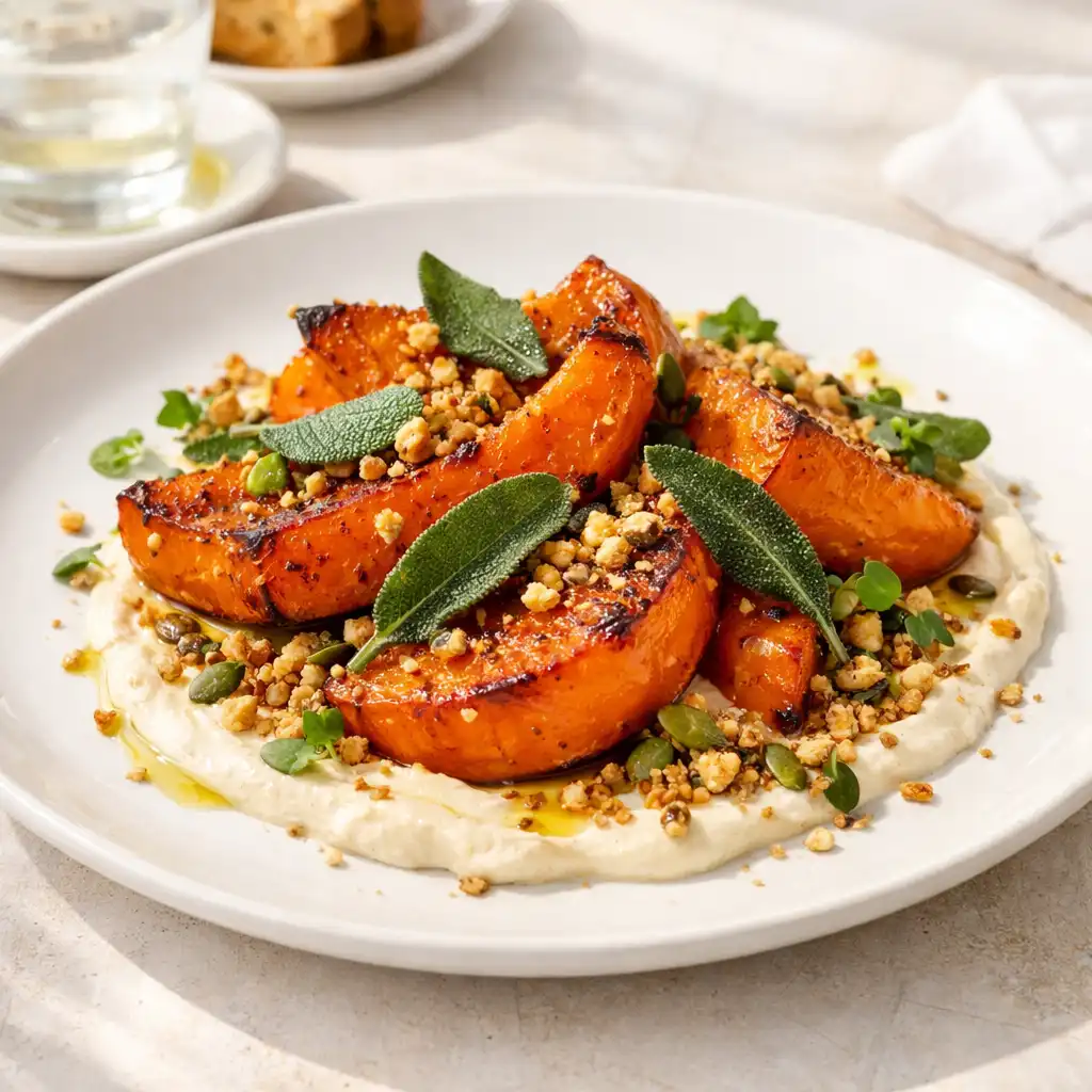 Roasted pumpkin with macadamia cream, crispy sage, and pepita crumble artfully arranged on a white plate.