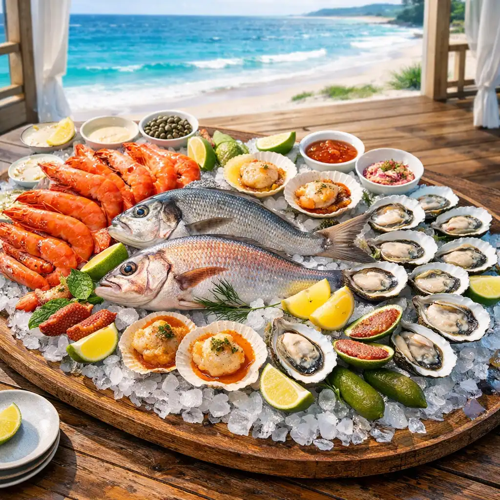 A lavish seafood platter on a long wooden table by the coast, featuring fresh prawns, oysters, scallops, and whole fish on ice.