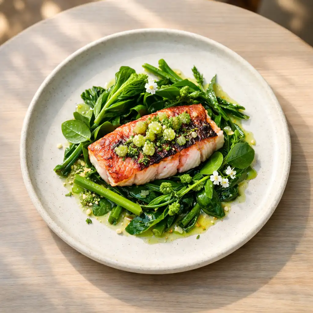 A beautifully plated contemporary Australian dish with charred coral trout, finger lime butter, and native greens on a ceramic plate, set against a softly blurred elegant restaurant interior.