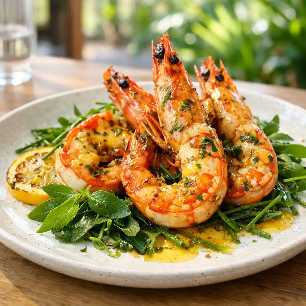 Grilled Gold Coast prawns with lemon myrtle butter served on a ceramic plate