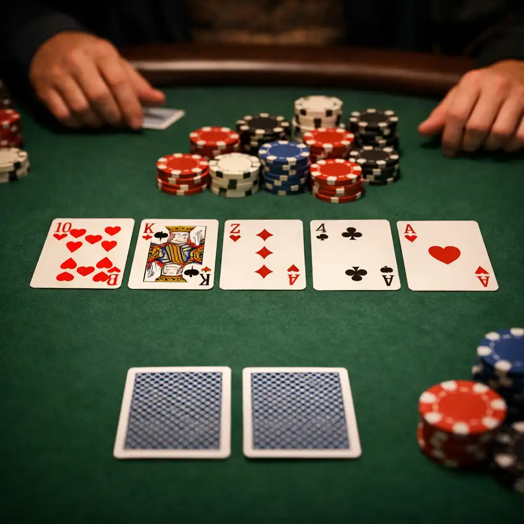 Close-up of a Texas Hold'em game in progress with hole cards, community cards and neutral chips