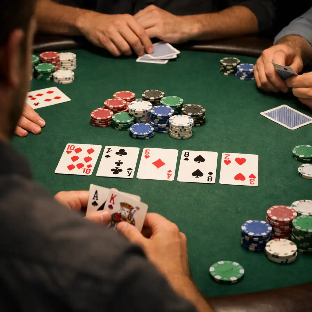 Over-the-shoulder view of a Texas Hold'em game in progress at a physical poker table with neutral chips and cards